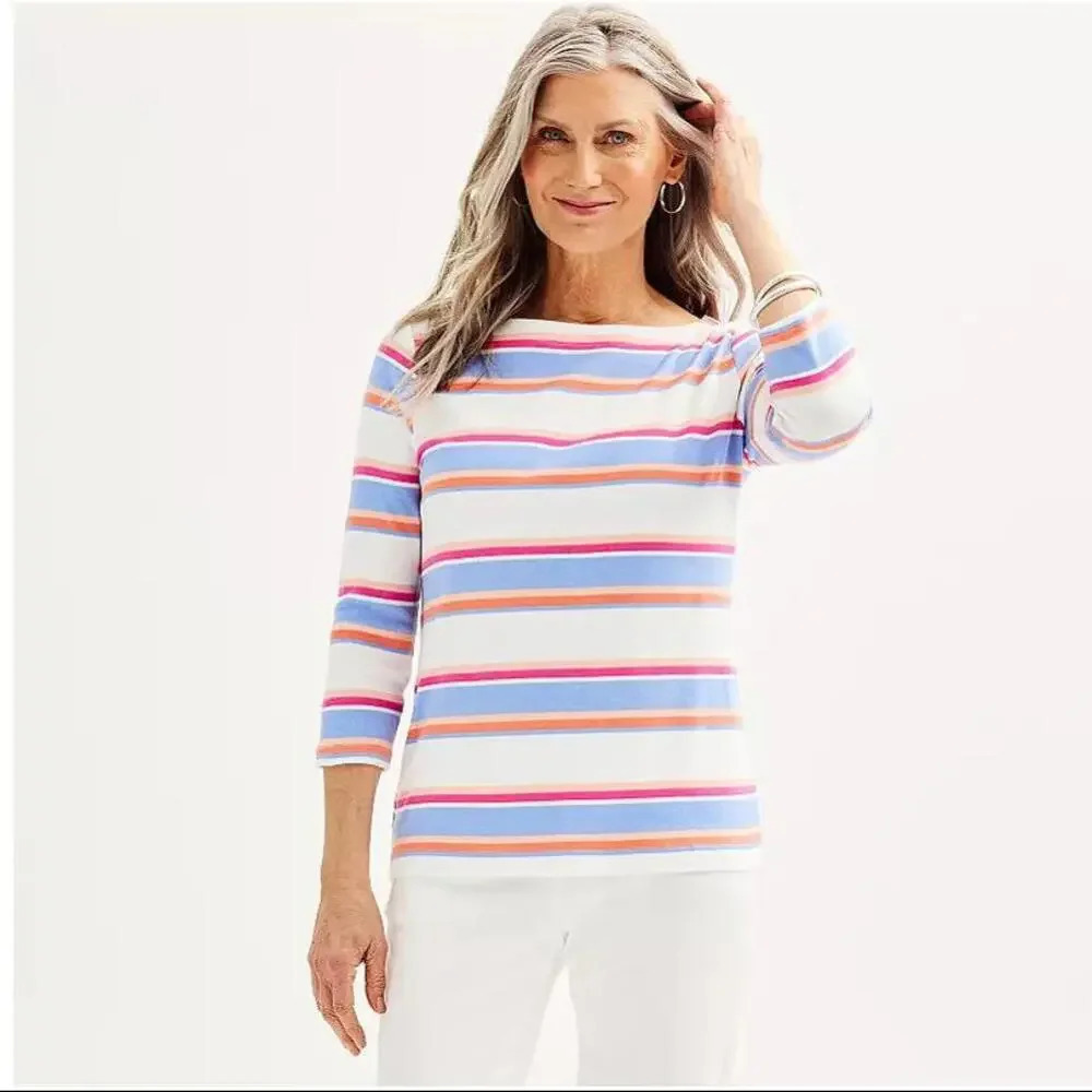 NWT Croft & Barrow Petite Boatneck Top Peri White Stripe PXL Petite XL